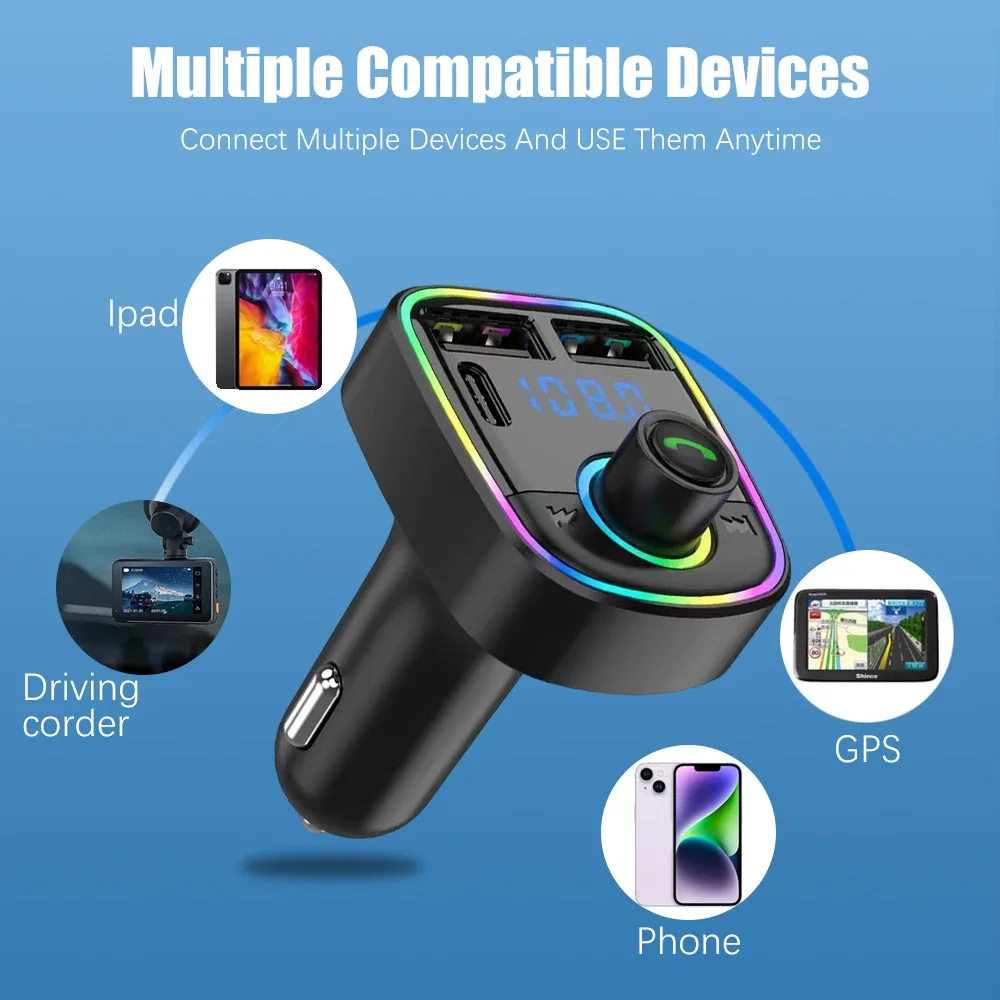 Fast Charging Car Charger Transmitter PD Type-C Dual USB 3.1A Bluetooth 5.0 FM Colorful Ambient Light MP3 Modulator Player New