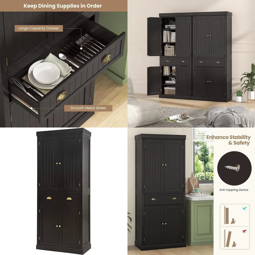 

6-ярусный деревянный шкаф с регулируемыми полками, 2 отделениями для хранения и выдвижным ящиком для кухни, прихожей, гостиной и ванной комнаты