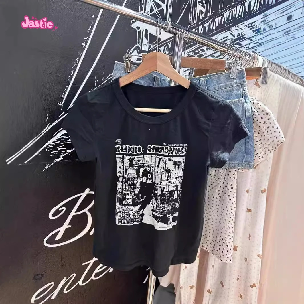 Cool Female Singer Graphic Print Short Sleeve Tees Vintage Rock Y2K Tops Fashion Slim Round Neck Black Summer T-shirts 2024 New