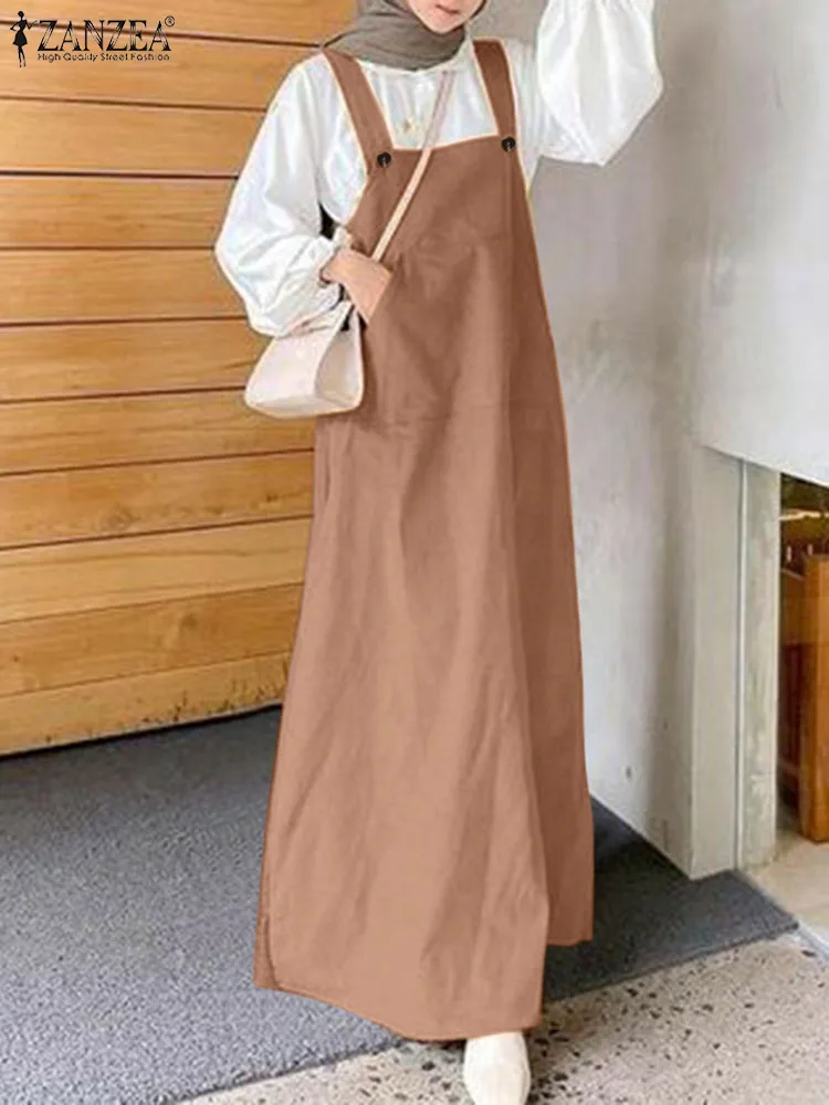 

Women Strap Solid Long Sundress ZANZEA Fashion Summer Overalls Dress Casual Muslim Dubai Turkey Abaya Hijab Dresses Robe Femme