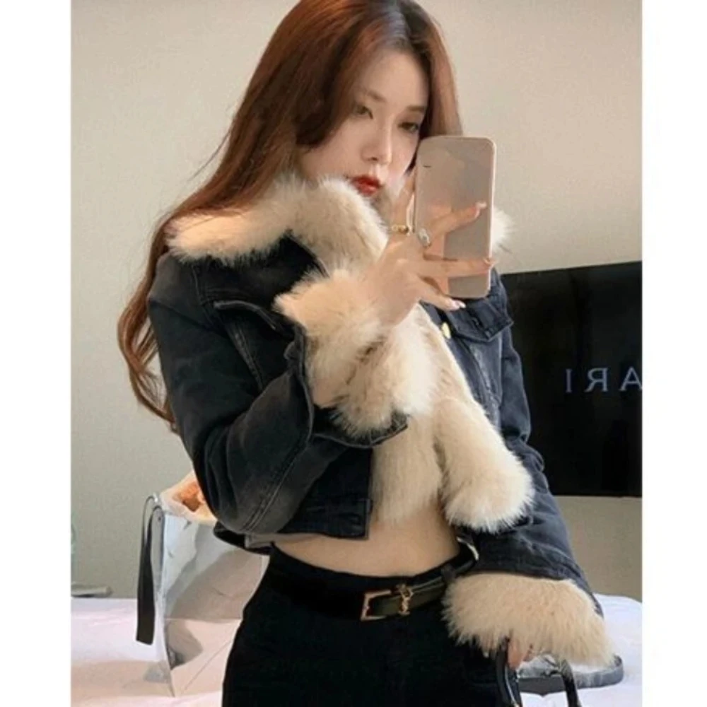 2024 Autumn Winter New Thicked Warm Black Jackets Vintage Fur Lapel Neck Tops Mujer Y2k Slim Fit Long Sleeve Coat Women