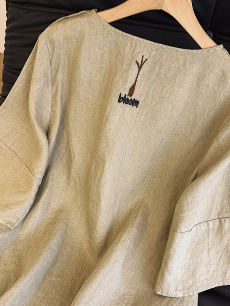 Ele lin brodé Dr femmes été Simple ample Unique belle longueur Midi T-shirt Dr a-ligne jupe ronde Ne