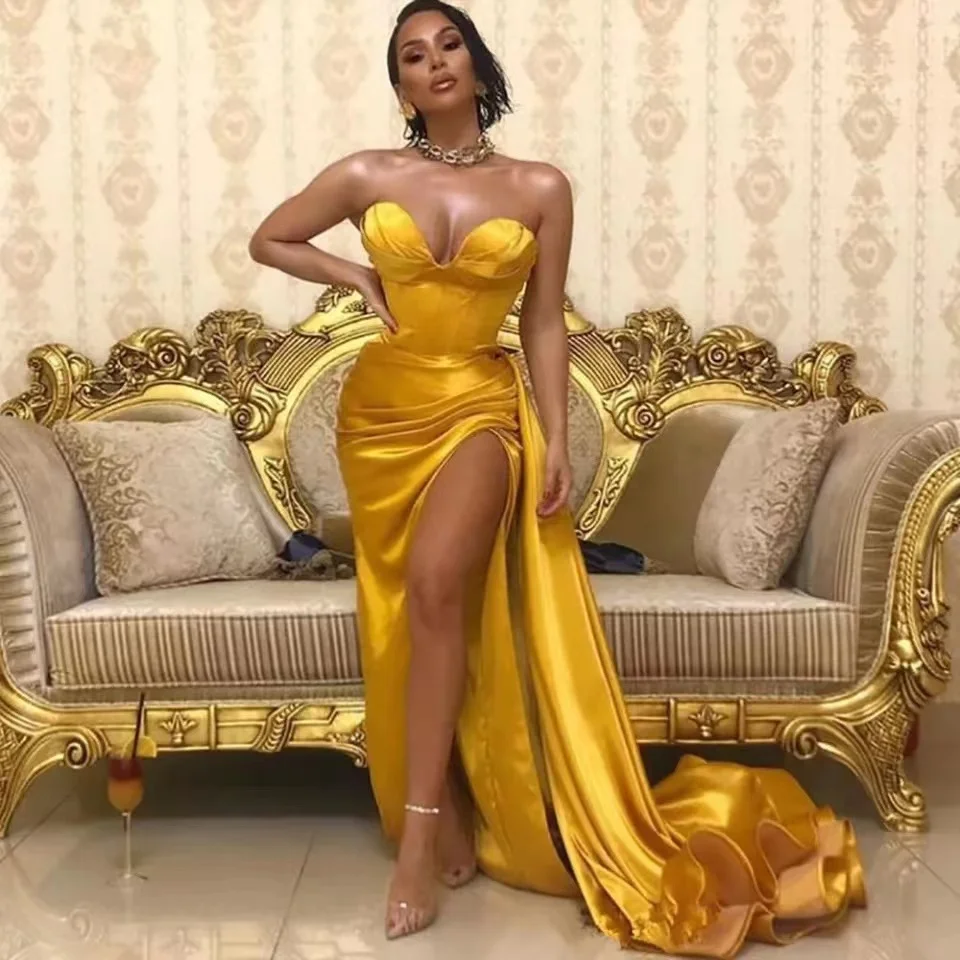 2022 ouro querida plus size vestidos de baile cetim longo vestido de noite sexy alta divisão dubai vestido de festa formal vestidos feitos sob encomenda