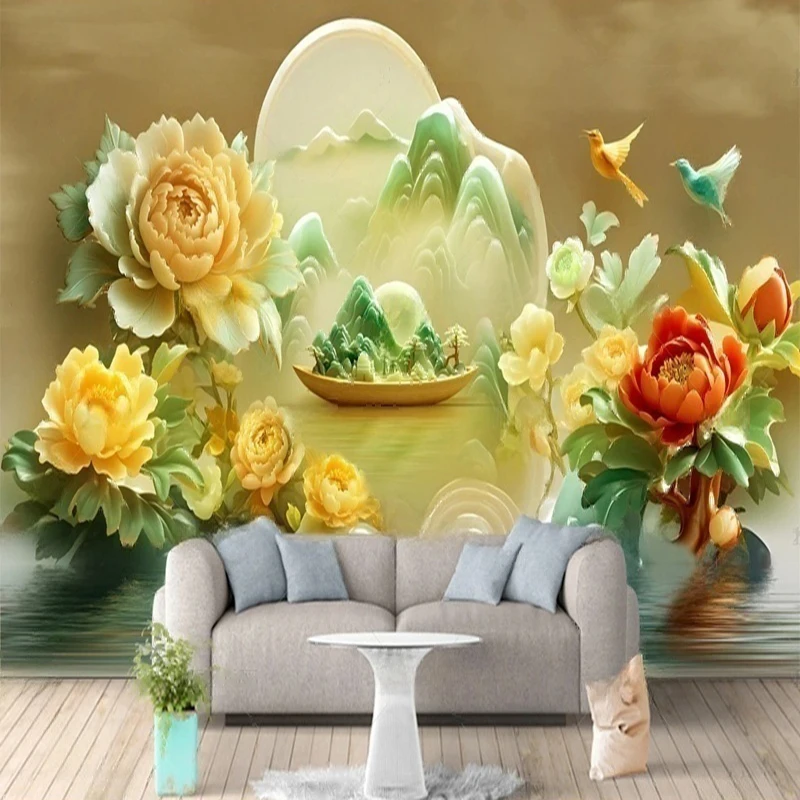 

Custom Chinese Style Landscape Mural Wallpaper 3D Stereo Mountain Flowers Scene Wall Decoration for Living Room Bedroom