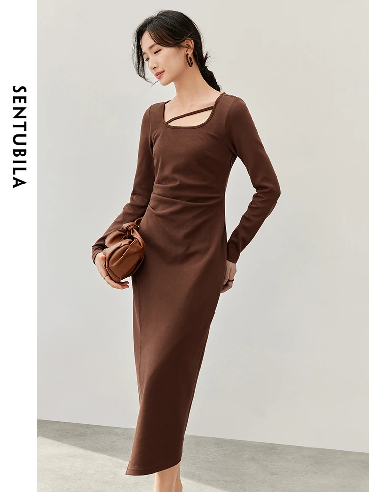 

SENTUBILA Hollowed Out Square Neck Dress Women's Spring Collection Waist Cinching Mid Length Knit Woman Party Dresses 143L57046