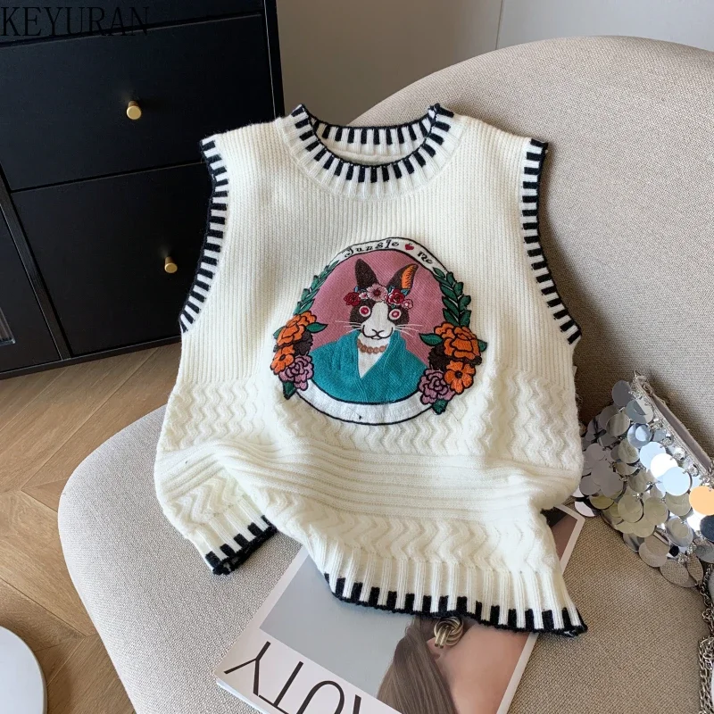 Cartoon Cat Embroidery Knitted Sweater Vest Women Ropa Mujer O-neck Sleeveless Tanks Fashion Casual Waistcoat Japanese Cute Tops