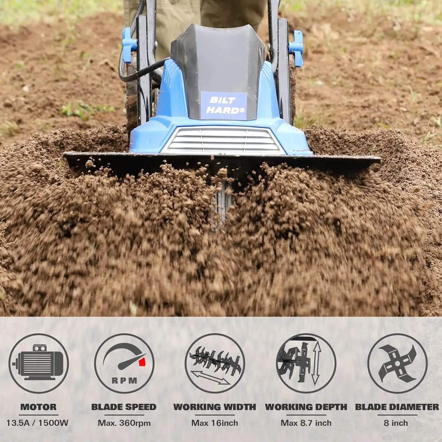 Tiller Cultivator 16 inch, 13.5 Amp 6 Steel Tines Tillers for Gardening Foldable, Electric Garden Rototiller with Adju