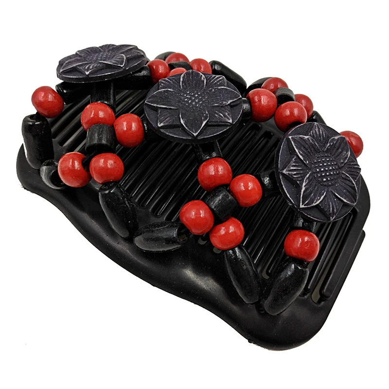 Hair Side Combs for Women Wood Beaded Stretch Double Hair Side Combs Clips Bun Maker with 3 Flowers Hair Accessories