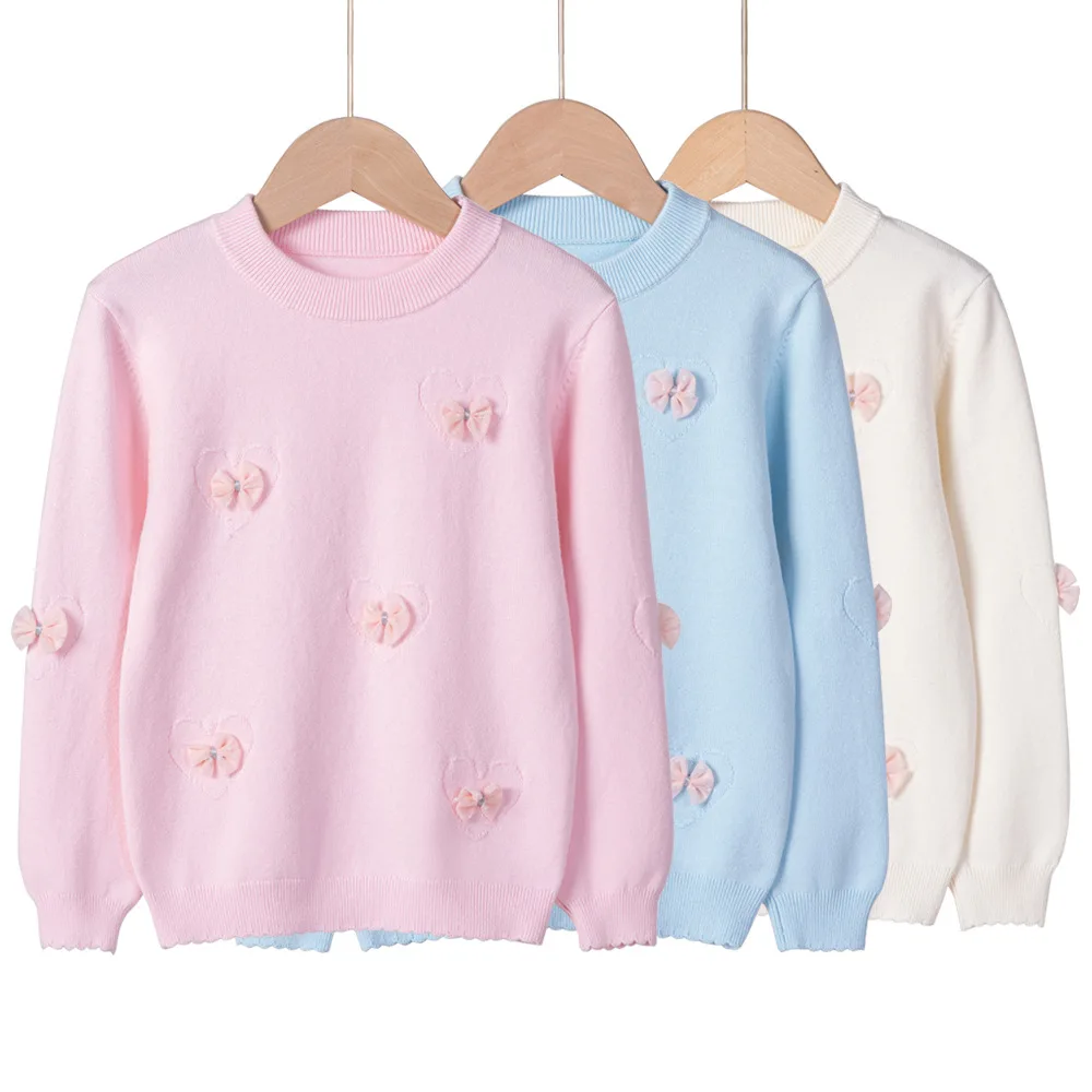 Autumn Winter Children Girl Sweater Round Collar Love Knotbow Infant Baby Girl Pullovers Sweet Toddler Girls Undershrit Knitwear