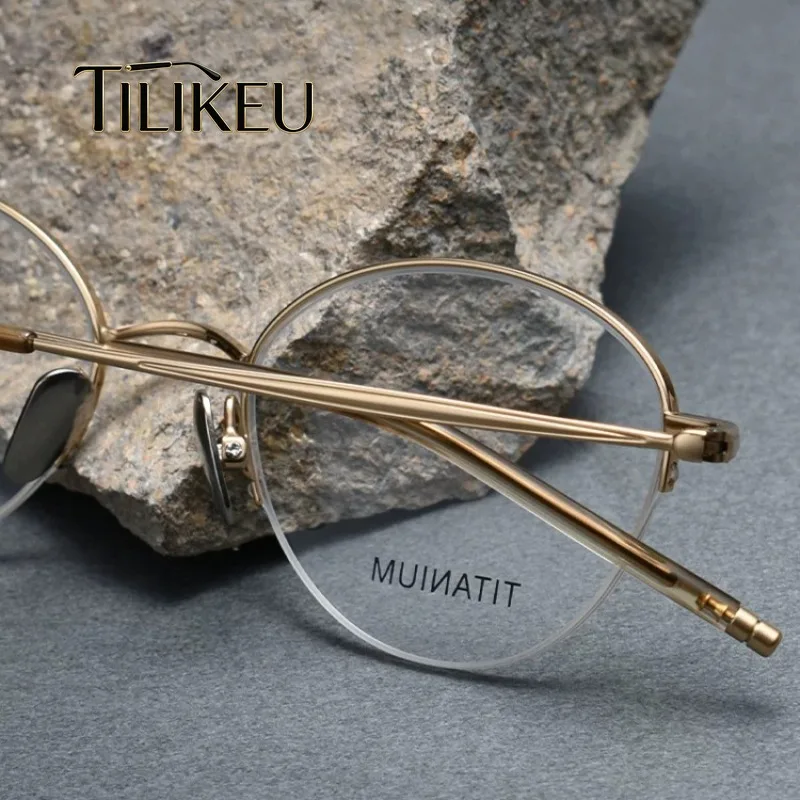 Vintage Oval Small Face Pure Titanium Eyeglasses Frame 2026 Ultra-Light Semi Rim Blue Light Blocking Glasses Frame for Men Women