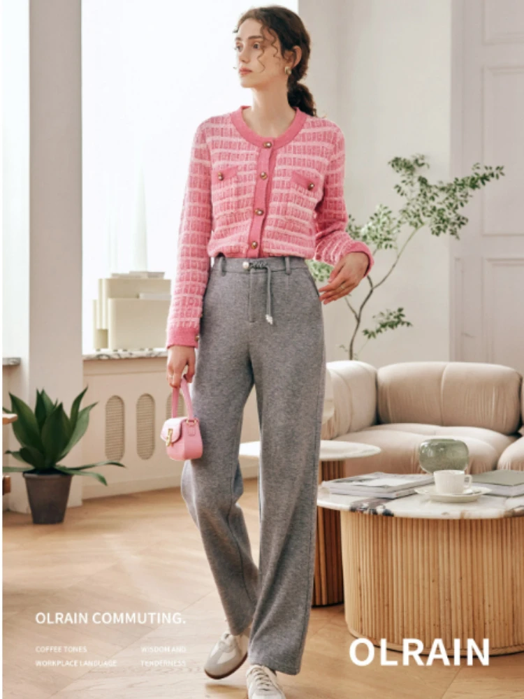 OLrain Woman Slim Fit Knit Pants Casual Winter 2025 Tassel Button Straight Trousers Sporty High Waist Long Lady Pants O57QK65655