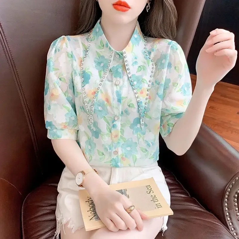 

French Sweet Chiffon Floral Blouse Summer