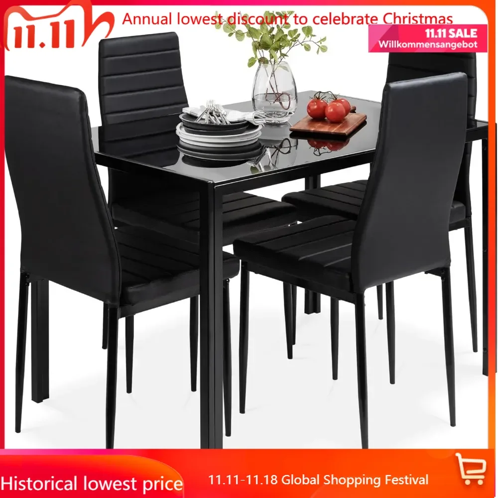 5-Piece Glass Dining Set, Modern Kitchen Table Furniture for Dining Room, Dinette, Compact Space-Saving w/Glass Tabletop