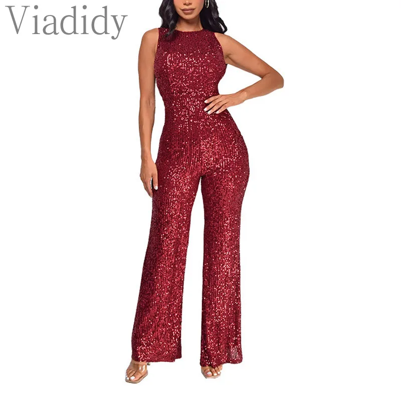 Women Sexy Solid Color Round Neck Glitter Sequin Decor Wide Leg Jumpsuits