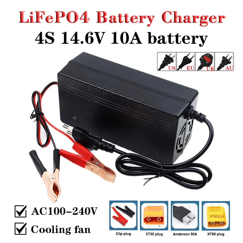 12V 12.8V 10A LiFePO4 Battery Smart Charger AC100-240V With fan For 4S 14.6V 50Ah 100Ah Lithium iron battery pack Fast charging