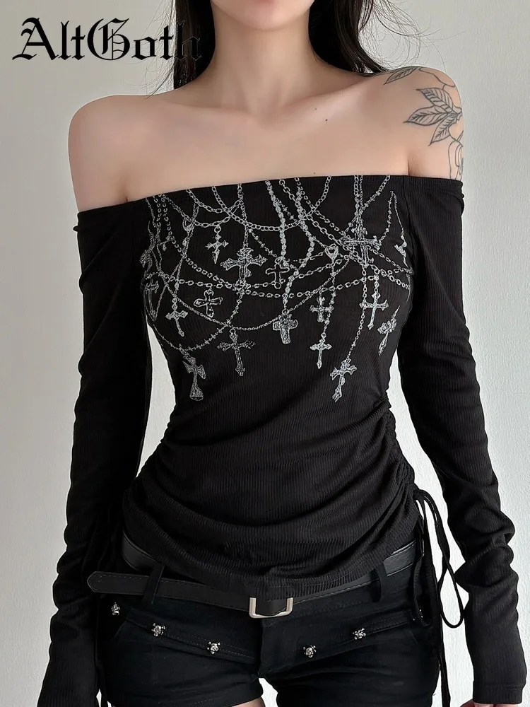 

AltGoth Vintage Y2k E-girl Gothic T-shirt Women Streetwear Cyber Punk Grunge Cross Printed Off-the-shoulder Long Sleeve Tee Tops