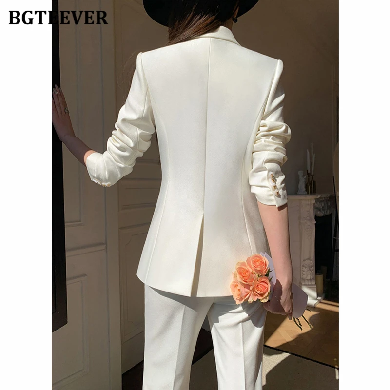 BGTEEVER Elegant Female Trousers Suits Long Sleeve Slim Jackets Women Wide Leg Pants Office Ladies White Blazer Set