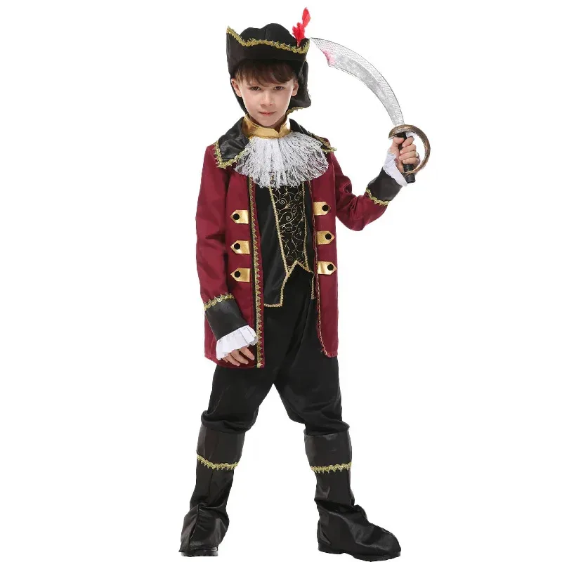 

XT8Boys Caribbean Captain Jack Pirate Cosplay Set with Skull Hat Pirates Sailors Military Style Costume Suit Dress Up@XT6！