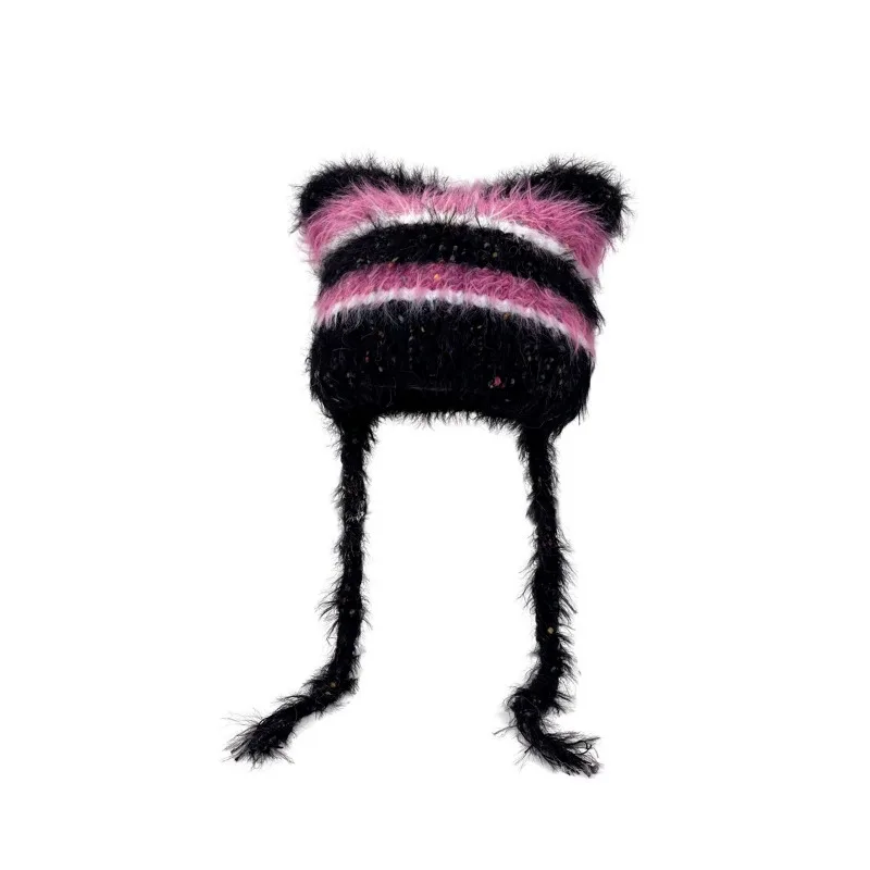 Cappello di peluche all'uncinetto fatto a mano a righe a contrasto con orecchie di gatto protezione per le orecchie carina per bambini berretto di lana di visone imitazione calda in inverno