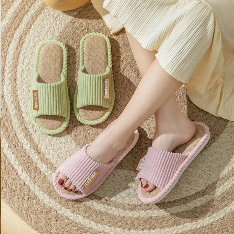 House Striped Slippers Women Autumn Linen Flip Flops Couples Indoor Non Slip Sandals Home Guest Shoes male Flat Flax Sneaker