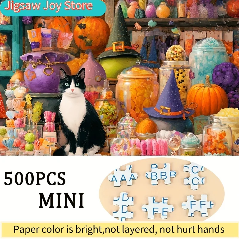 1 Caixa (500 peças) Quebra-Cabeças para Gatos Adultos e Casa de Doces de Halloween, Ideal para Jogos e Atividades de Festa - Mosaico Colorido e Divertido
