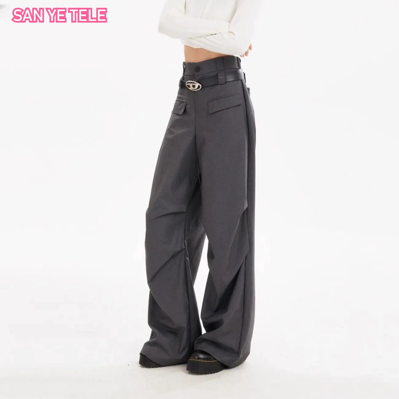 Wrinkled Silhouette Drape Suit Pant Women New High-end Gray Wide Leg Casual Korean High Waist Fashionable Loose Trousers