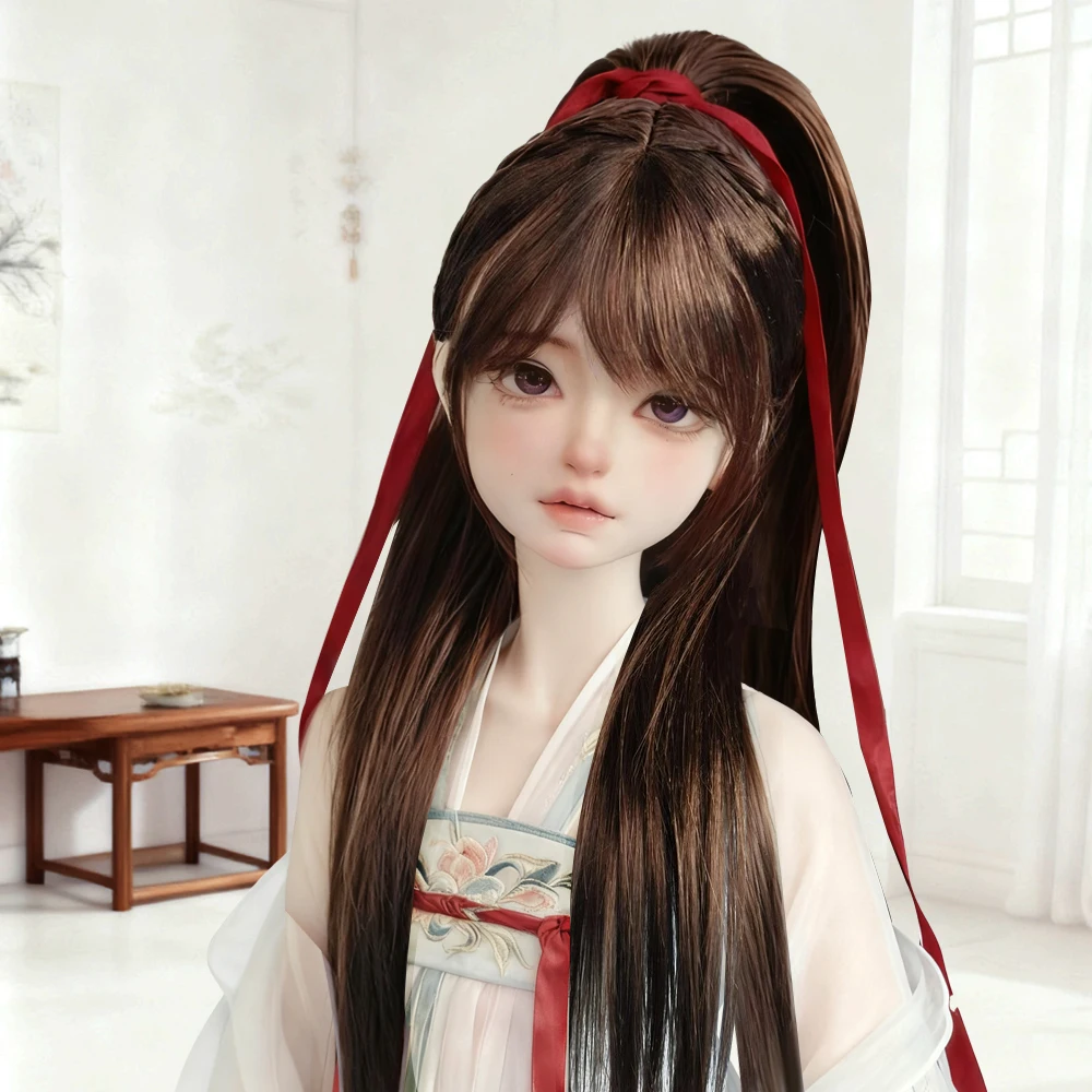 

High Ponytail Braided Ancient Style Wig Red Ribbon Chinese Style Dark brown Long Hair 1/6 1/4 1/3 BJD Wig DD SD Doll Accessory