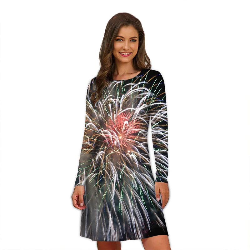 المرأة الألعاب النارية طباعة فستان حفلة ، فساتين طويلة الأكمام ، المتضخم ، عادية ، نمط الشارع ، الموضة ، أنيقة ، الخريف ، الشتاء #4