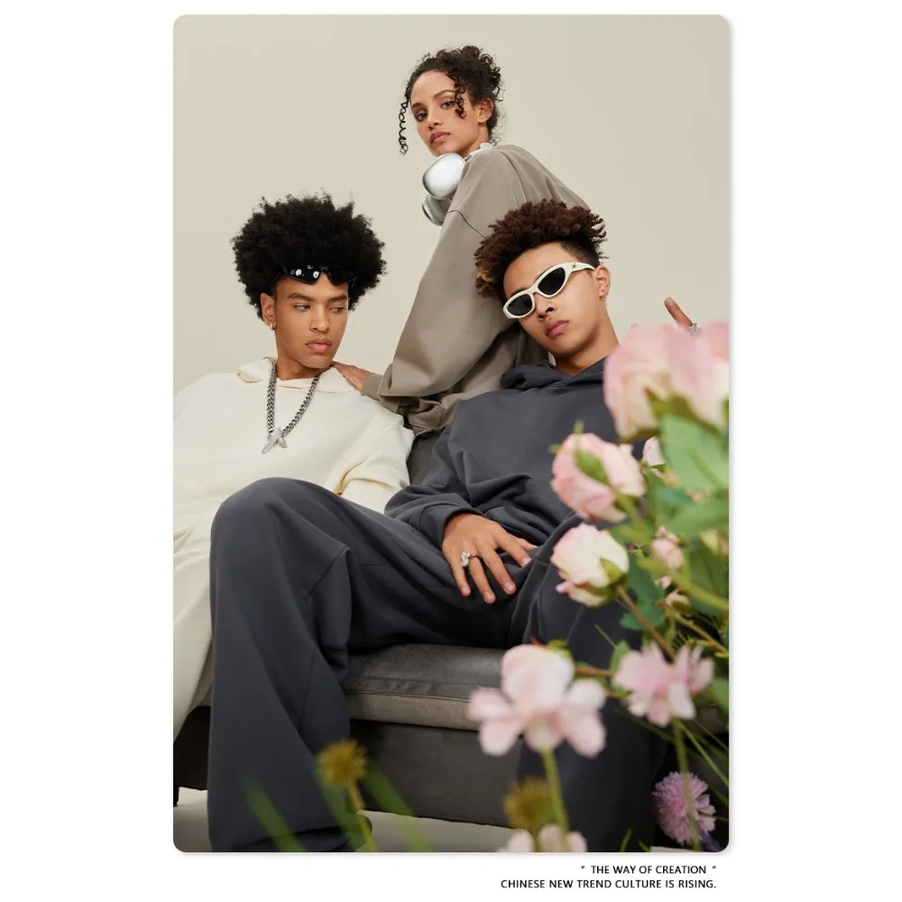 

American Style High Street Solid Color Hooded Sweatshirt Set for Men in Spring, Autumn, and Winter, Loose Fit Sports Couple Set