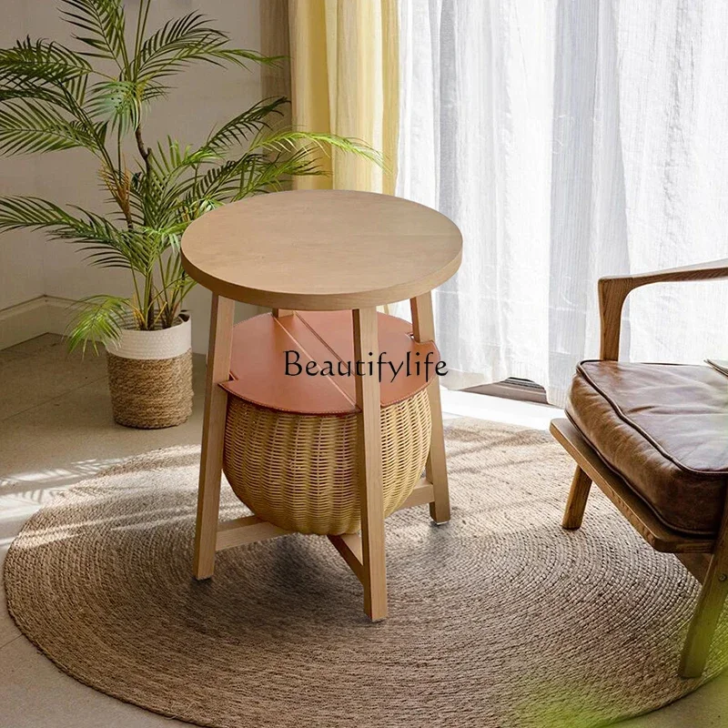 Italian light luxury solid wood edge few Nordic simple small round table storage rattan wabi-sabi wind corner few