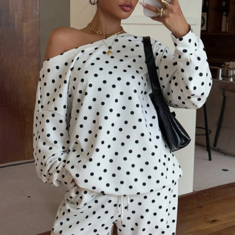 BKLD 2026 Fall Winter Polka Dot 2Pcs Streetwear Diagonal Collar Long-sleeved Pullover Loose Tops+Wide-leg Trousers Trendy Outfit