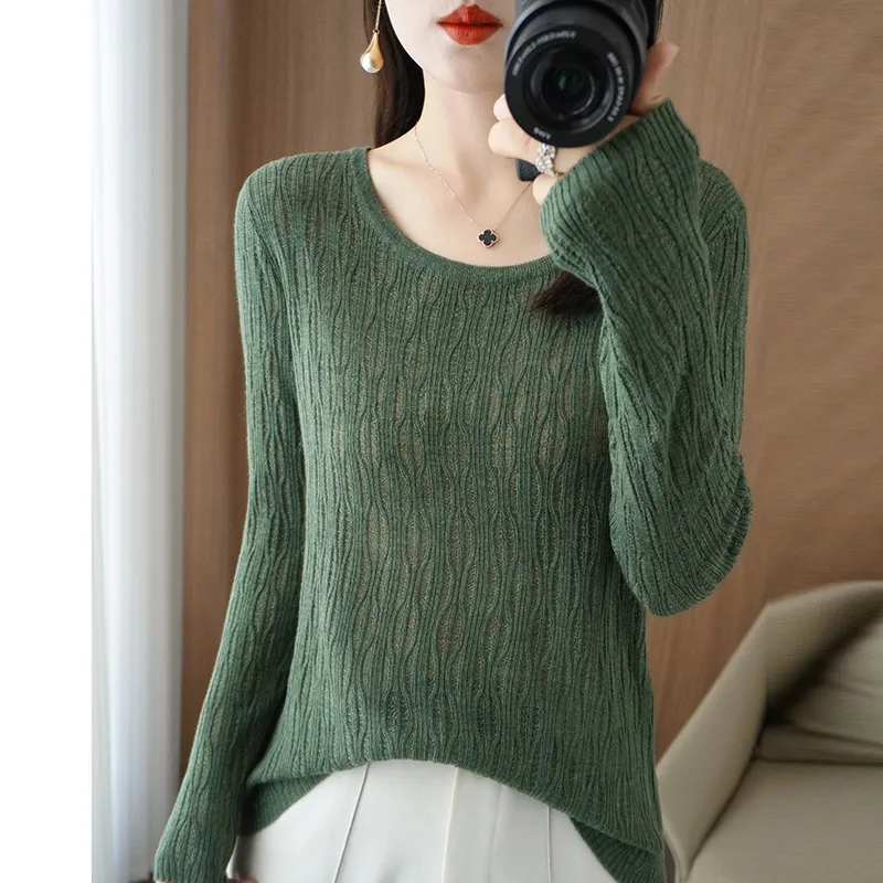 Autumn New Ladies Soft Breathable Sweater Wool Blend O-Neck Pullover Curved Hollow Out Knitted Sweater Slim-Fit Commuter Tops