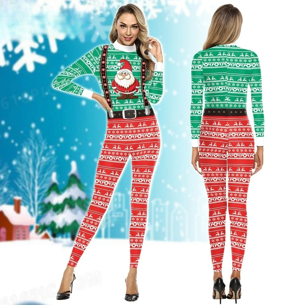 

Women's Santa Claus Print Bodysuit - Long Sleeve Festive Catsuit, Perfect Performance Wear for Christmas Shows & Parties
