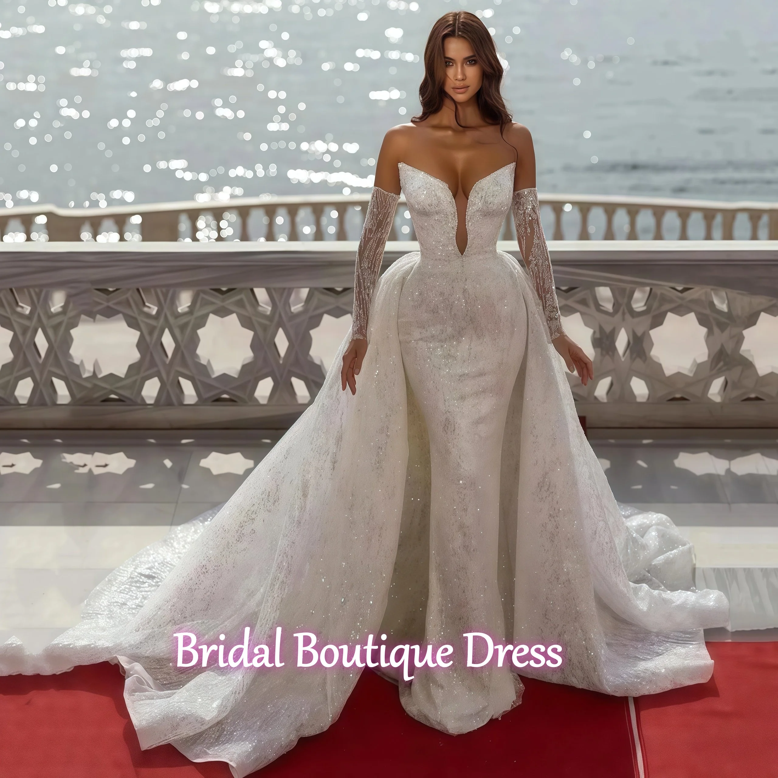Customized Exquisite Beaded Shiny Deep V-neck Wedding Dress Detachable Robe Elegant Off Shoulder Mermaid Wedding Dress Vestido