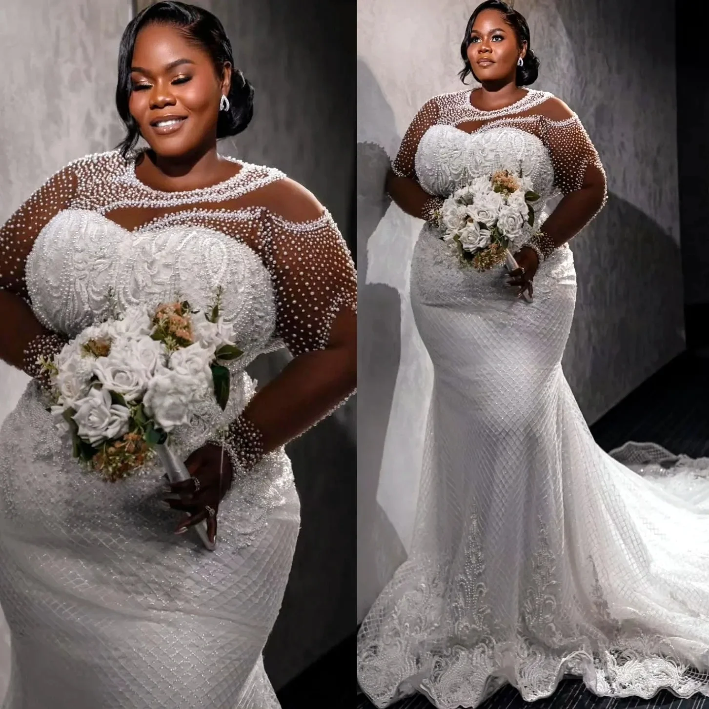 Customized  Sheer Neck Sparkly Beads  Elegant Wedding Dress   Robe De Mariée  Plus Size Full Sleeves Lace Appliques  Bridal Gown
