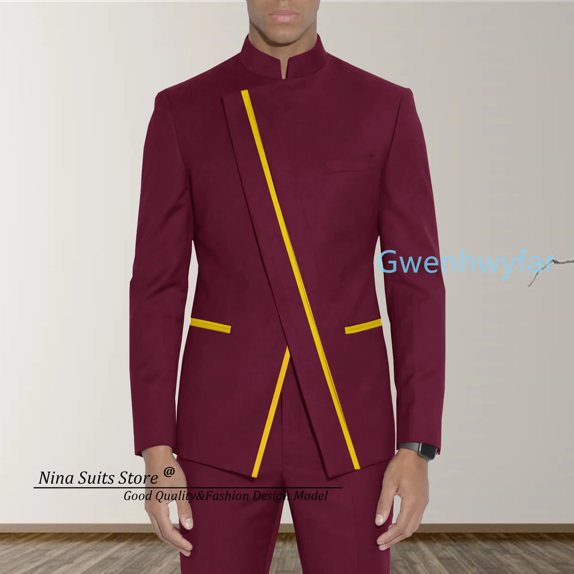 G&N Stand Collar Wine Red Men's Suit Jacket and Pants Customized Yellow Satin Border Decoration 2-piece Ball Dress Set