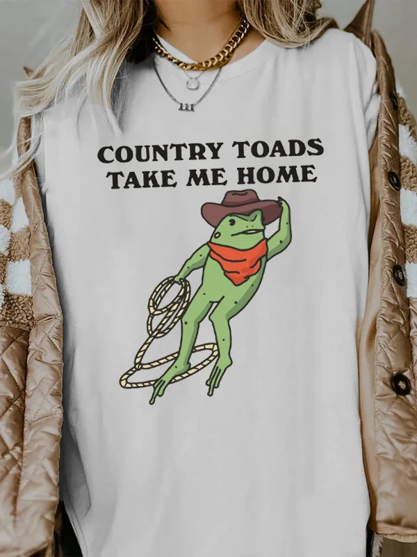 Country Toads Take Me Home Funny Slogan Women T-shirt Cute Cotton Cowboy Frog Print Female Shirt Fashion Casula Farm Girl Tee