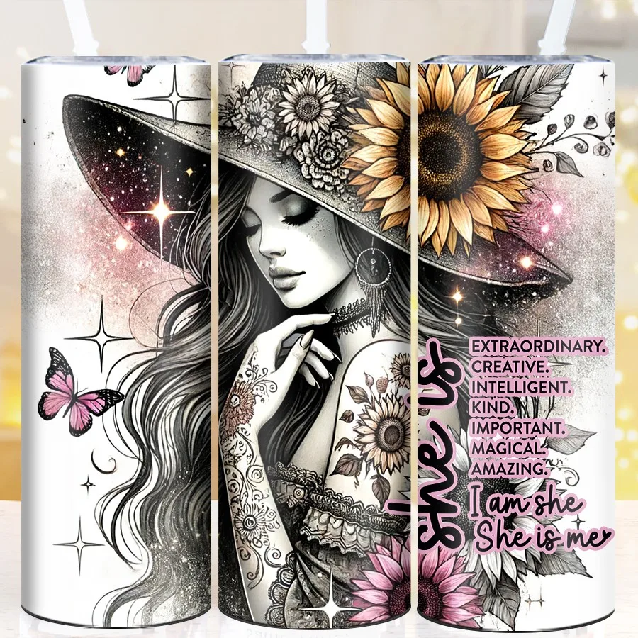 

20oz Stainless Insulated Coffee Mugs Straw Lid 1Pc 3D Print Sunflower & Girl Festive Party Travels Tumblers Outdoor Travel Mugs