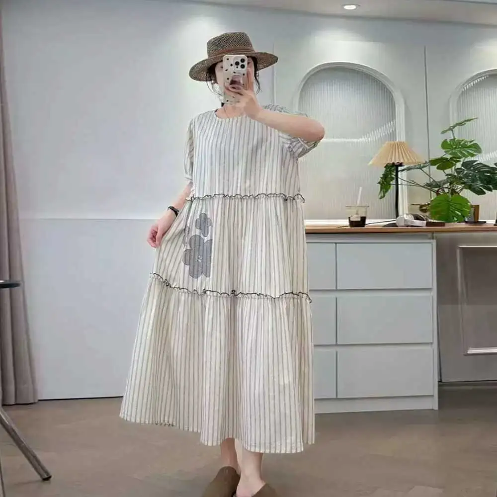 

Japanese Sweet Mori Girl Flower Embroidery Striped Patchwork Long Dress Women Summer O-Neck Short Sleeve Casual Loose Dresses