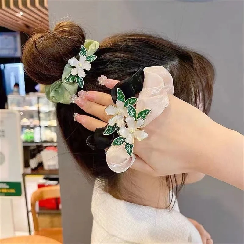 1Pcs Organza Gardenia Large Intestine Hair Tie Rubber Elastic Hair Band Girls Women Ponytail Hair Tie Hair Accessories