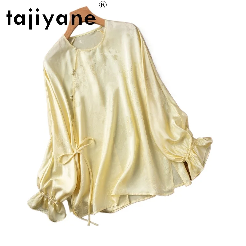 

TAJIYANE 100% Real Mulberry Silk Shirt for Woman Yellow Jacquard Blouse Ruffle Cuffs Ladies Tops 2026 Spring Women Clothing 셔츠