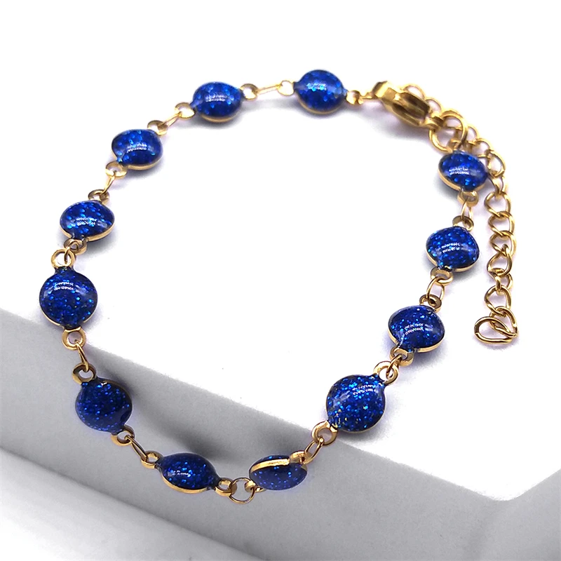 Korean Elegant Bracelets for Women Blue Crystal Stainless Steel Gold Color Chain Fashion Jewelry Accessories Party Gifts BXS04