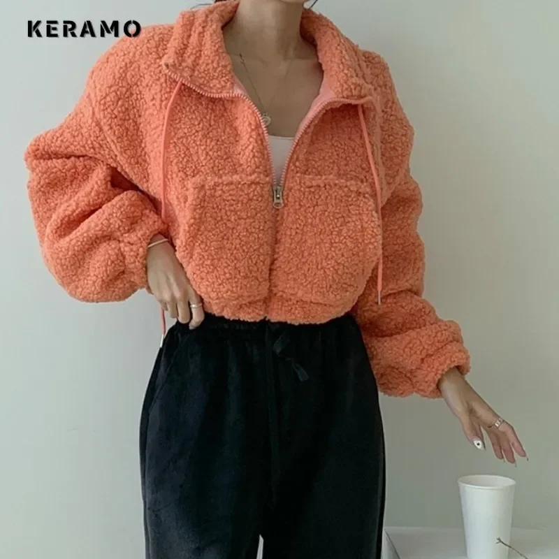 2024 Autumn Winter Korean Y2K Style Single Breasted Fur Jacket For Women Office Lady Fashion Loose Warm Zipper Orange Coat