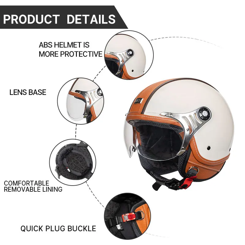 Capacete de motocicleta leve Vintage 3/4 Open Face para homens e mulheres, DOT Certified, meio capacete para motocicletas e adultos, capacete Jet