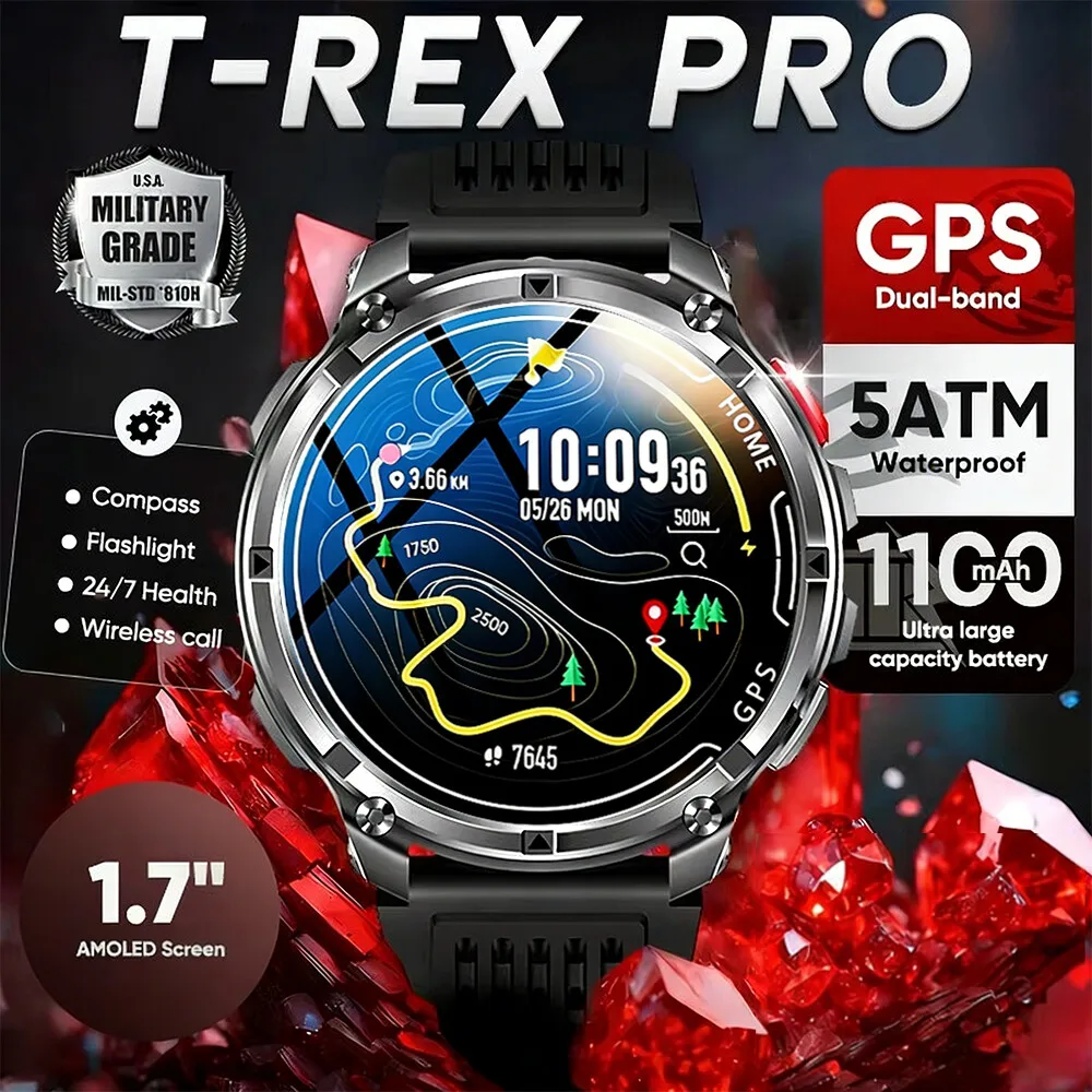 New T-Rex3 Pro 1100mAh Battery Smart Watch GPS Path 5ATM Waterproof Sports Run Tracker Outdoors Compass Military Smartwatch