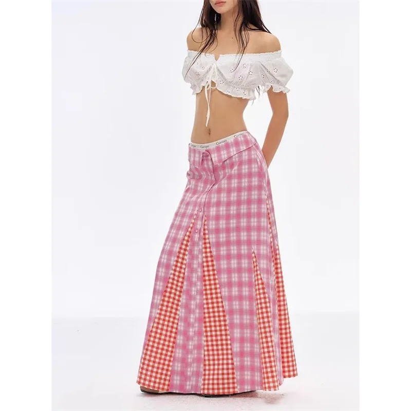 Nouvelle mode Plaid imprimé Jupe femmes Vintage été taille basse épicé fille Midi jupes Patchwork contraste couleur Preppy Jupe