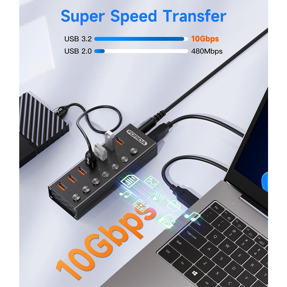 Imagem -04 - Divisor Usb Hub com Interruptores Led Individuais Adaptador de Alimentação 12v para Macbook 3.2 Hub 10gbps Portas Cabo 3.3ft Longo