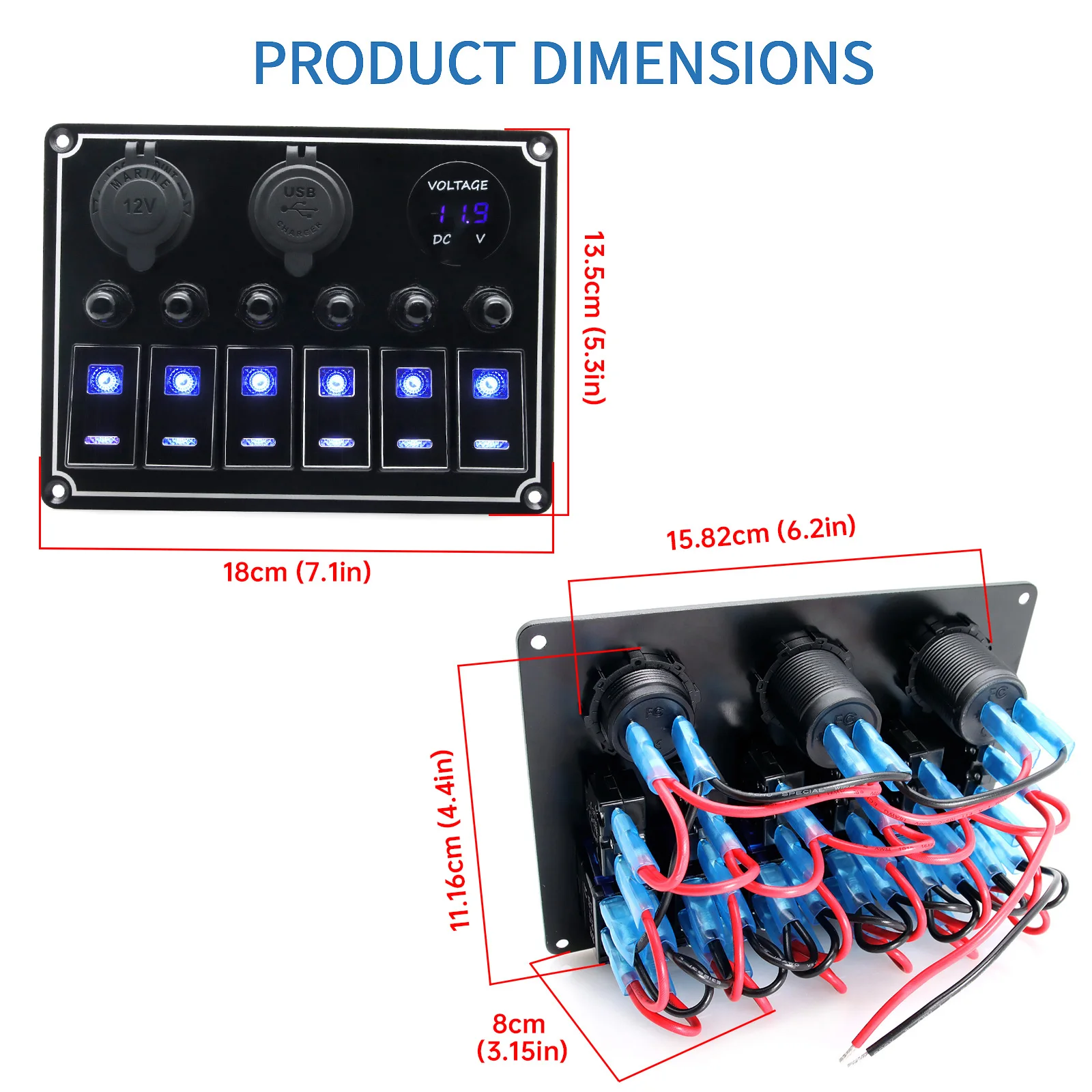 Rocker Switch Panel Double Light ON-OFF With Dual USB Slot Socke Camper Circuit Breaker Voltmeter For Car Truck RV Marine 12/24V