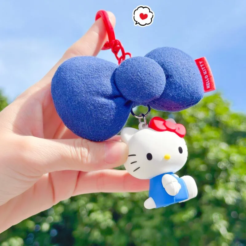 Hello Kitty Denim Bow Keychain Bag Pendant Cartoon Car Key Hanging Decor Daily Accessory Gift view 4