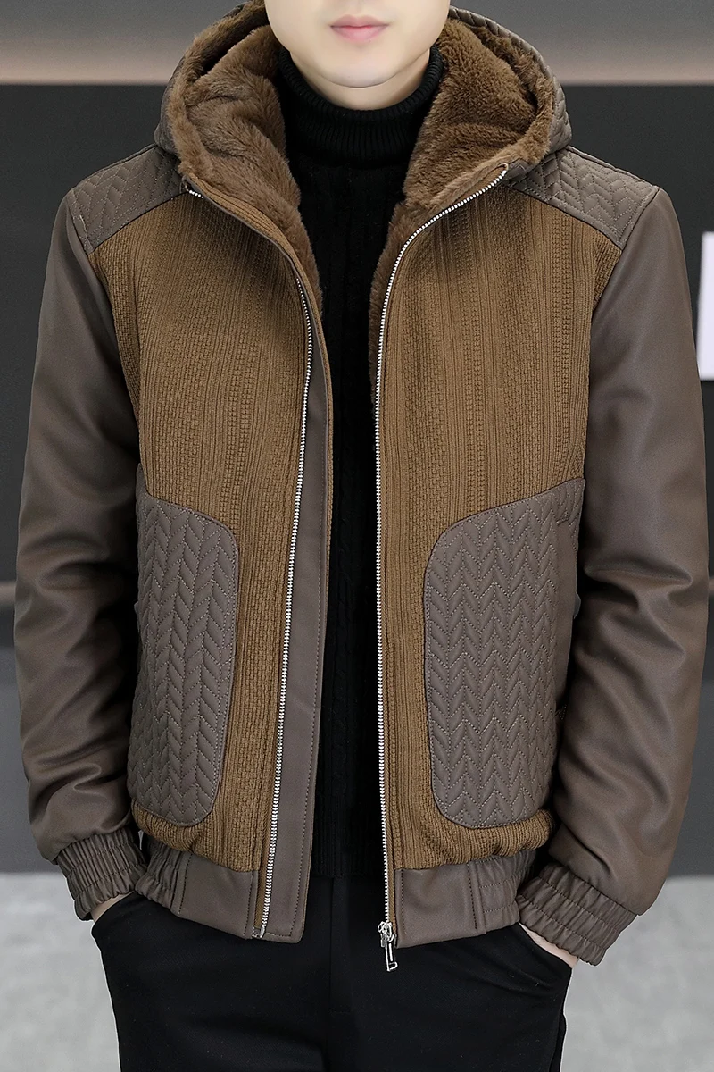 Winter Hooded Knitted Leather Jacket Men Thick Velvet Trendy Casual Luxury Leather Jacket Streetwear Social Coats Men Clothing